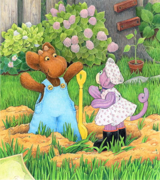 Original art for P5 from Elliot Digs for Treasure. Elliot is excited to tell Socks that he is digging for treasure.