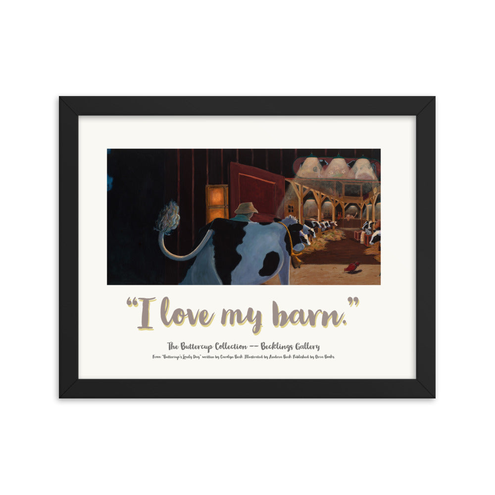 Children's or adult art of Mindful Cow Buttercup returning to her homey barn.