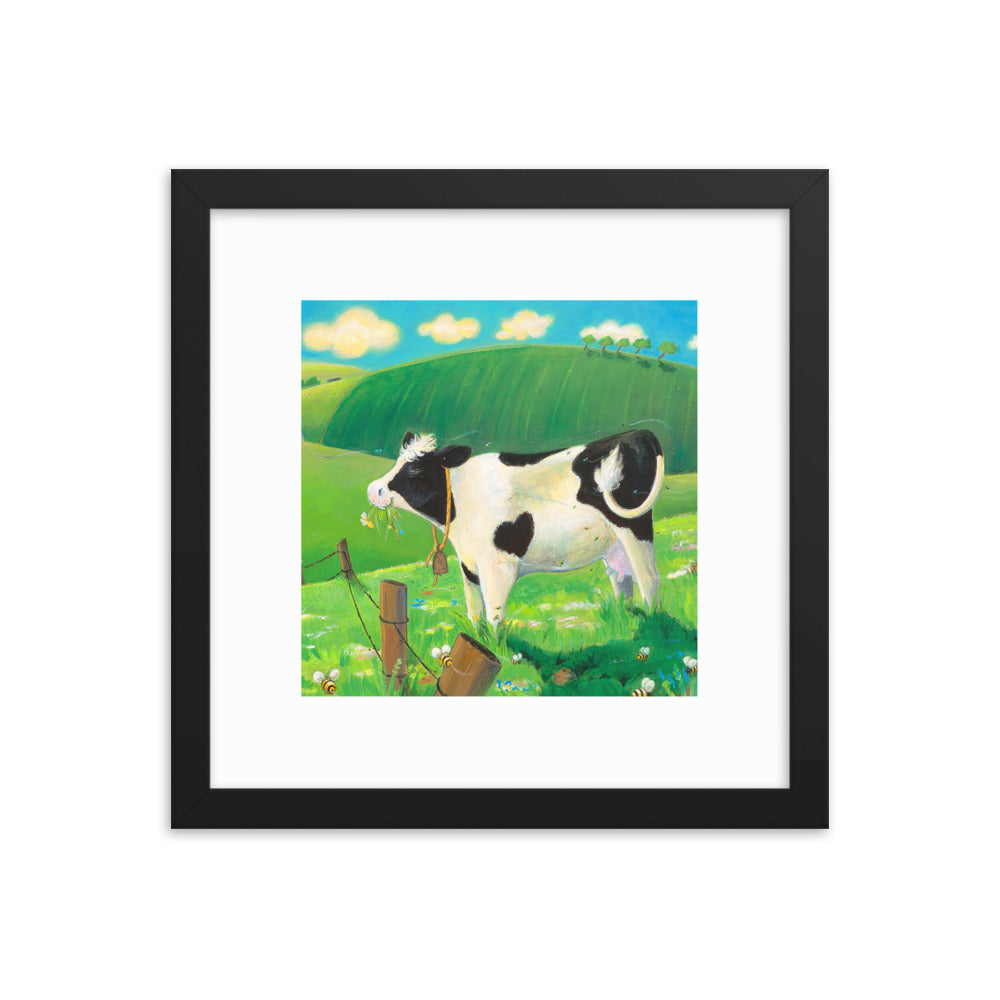 enhanced-matte-paper-framed-poster-_in_-black-18x18-transparent-648cf21431d7b  1000 × 1000px  Buttercup the Cow, munches on grass, mindfully enjoying her day. Children's book art.