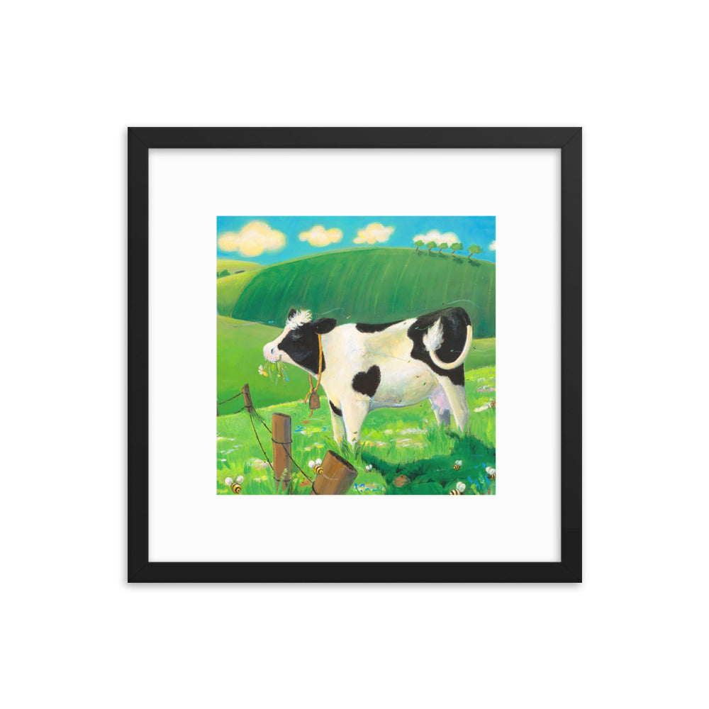 enhanced-matte-paper-framed-poster-_in_-black-18x18-transparent-648cf21431d7b  1000 × 1000px  Buttercup the Cow, munches on grass, mindfully enjoying her day. Children's book art.
