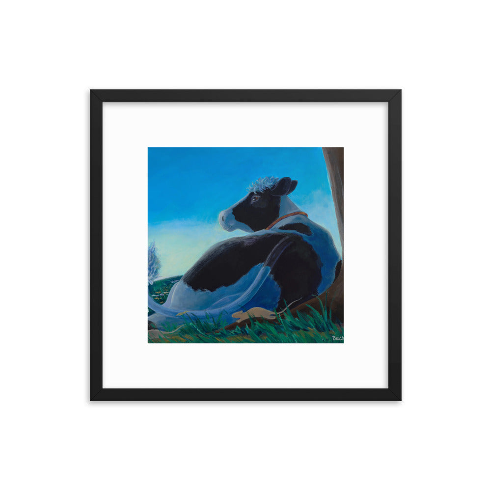 Art Print of Mindful Cow enjoying the dusk. From Buttercup's Lovely Day by Carolyn Beck. Illustrated by Andrea Beck. Orca Book Publishers.