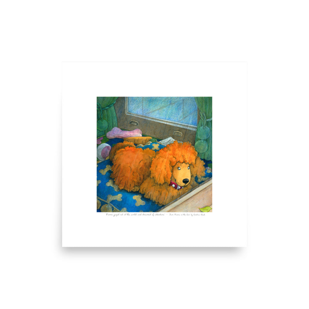 Art print for nursery decor. Children's book illustration of a poodle dog staring from his luxury bed out at the world below. Page from Pierre in the Air, by Andrea Beck.