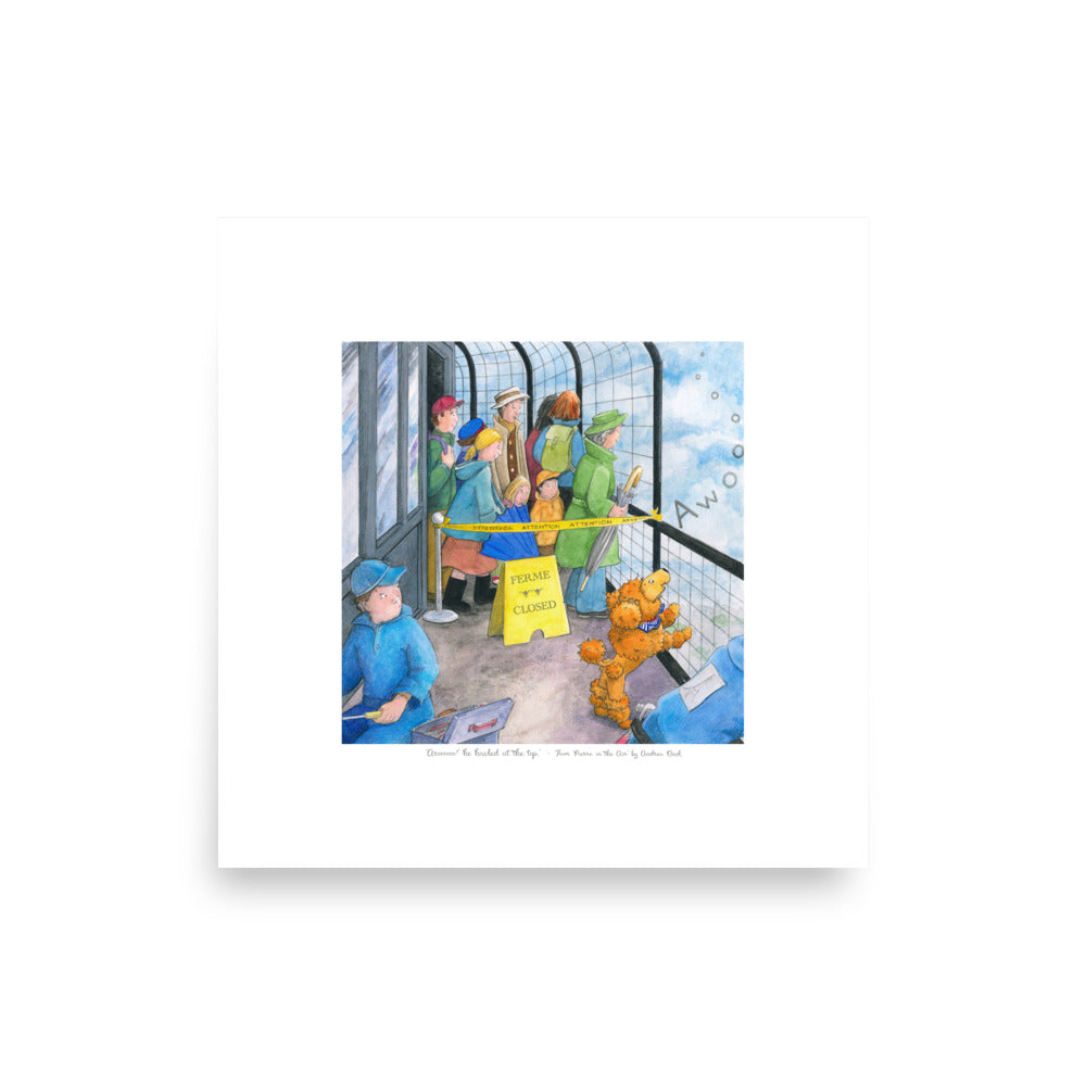 Children's art print of Pierre le Poof, a poodle who has snuck to the top of the Eiffel Tower, and happily howls. Poofy orange poodle Pierre howls with delight. From the book Pierre in the Air by Andrea Beck