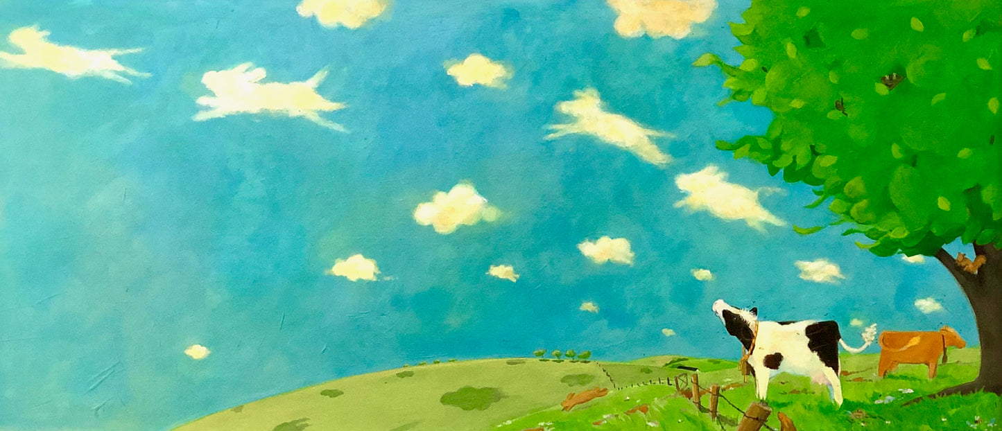 Buttercup's Lovely Day. Buttercup the cow gazing at the animal shaped clouds.