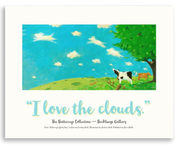 Mindful Buttercup the Cow, loves the clouds in this beautiful poster suitable for nursery to adult lovers of picture book art.
