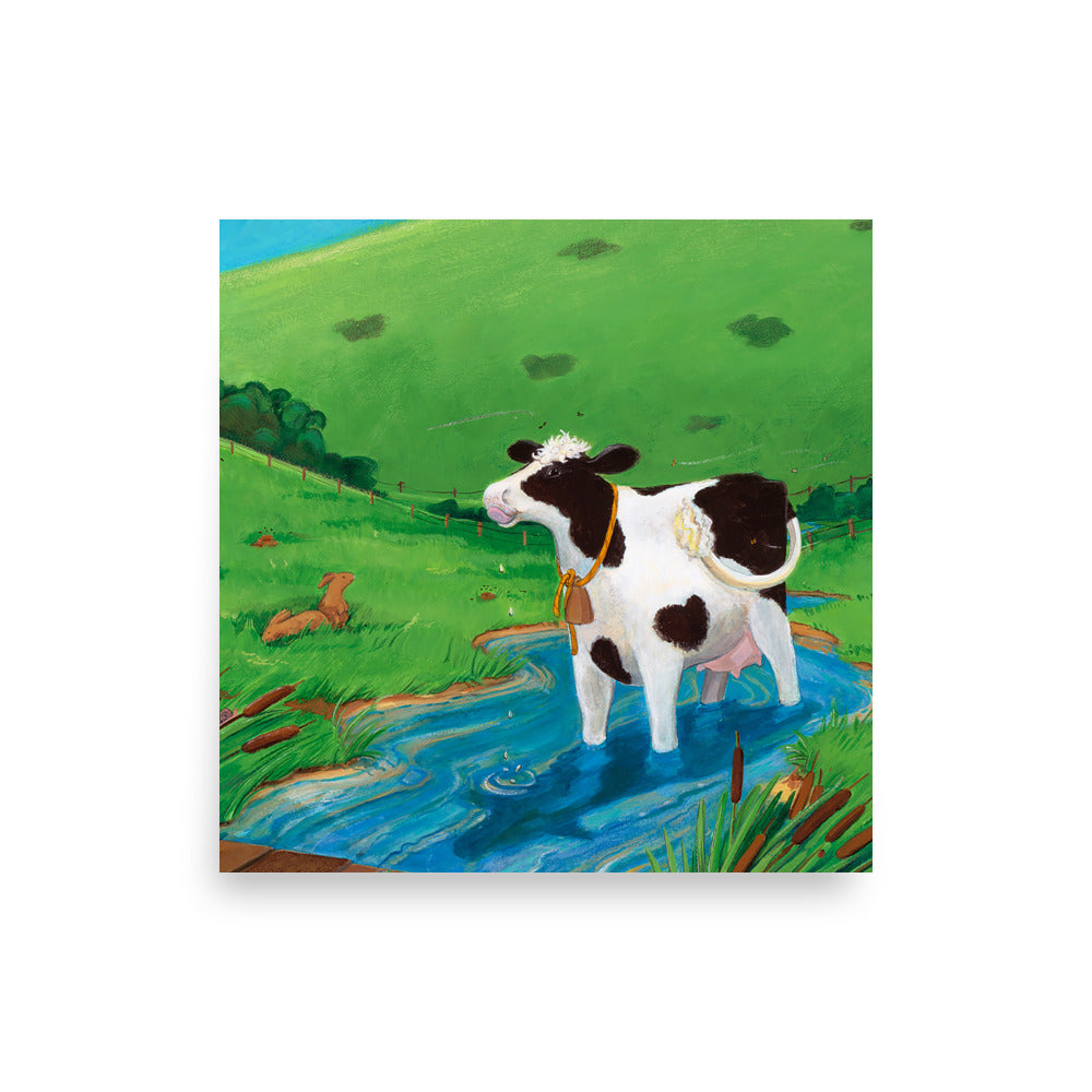 Pastoral cow art, Buttercup a mindful cow stands in a stream and enjoys the water. By Andrea Beck