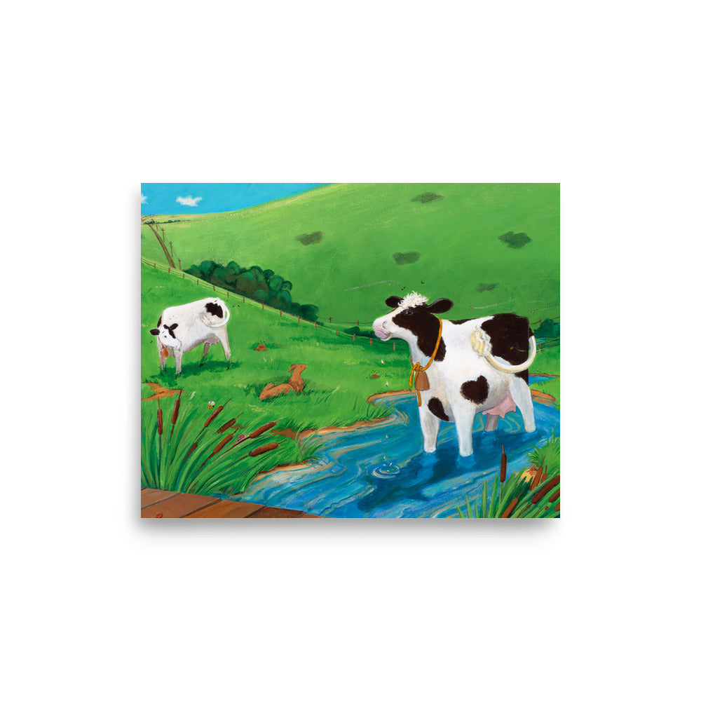 Pastoral cow art print, children's book art, Buttercup a mindful cow stands in a stream and enjoys the water. By Andrea Beck