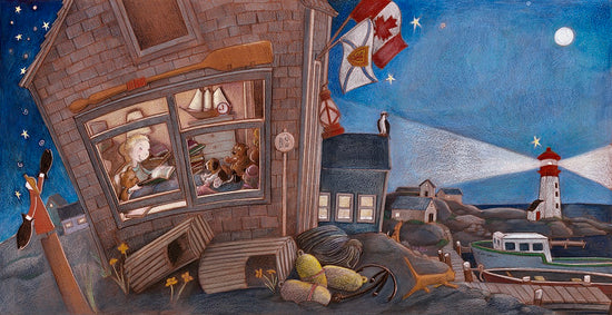 Picture book Image of a boy in a fishing shack in Nova Scotia, reading to his teddy bears at night by the sea. from Goodnight, Canada, by Andrea Lynn Beck