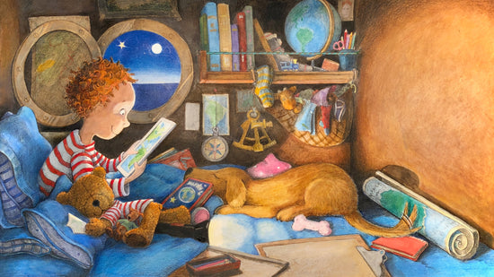 Glowing picture book art print of boy in a bunk on his boat, porthole beside him, staring excitedly at a map of the world on his ipad. From Goodnight World, by Andrea Beck Scholastic Books.