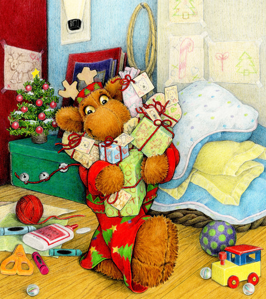 Original art of the cover of Elliot's Christmas Surprise by Andrea Beck. Elliot Moose holds an armful of homemade gifts. Christmas touched in the background