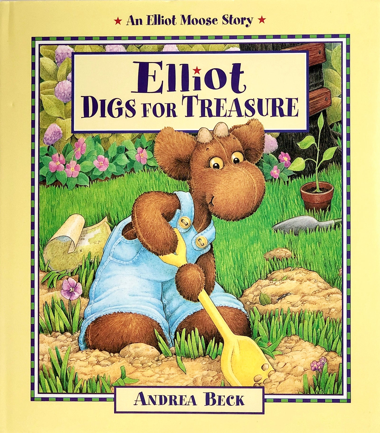 Book Cover of Elliot Digs for Treasure by Andrea Beck. Elliot looks at the audience as he happily digs a hole.