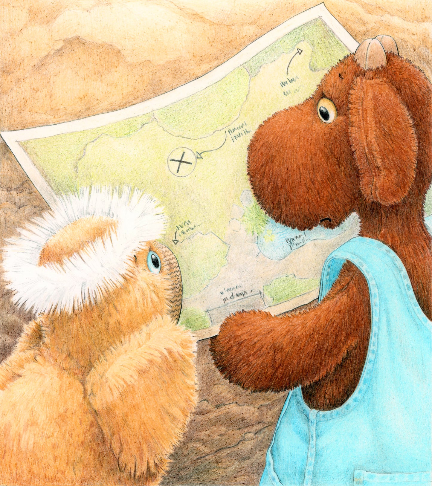 Original Art from Elliot Digs for Treasure. Elliot shows Angel a map and realized his mistake. by Andrea Beck