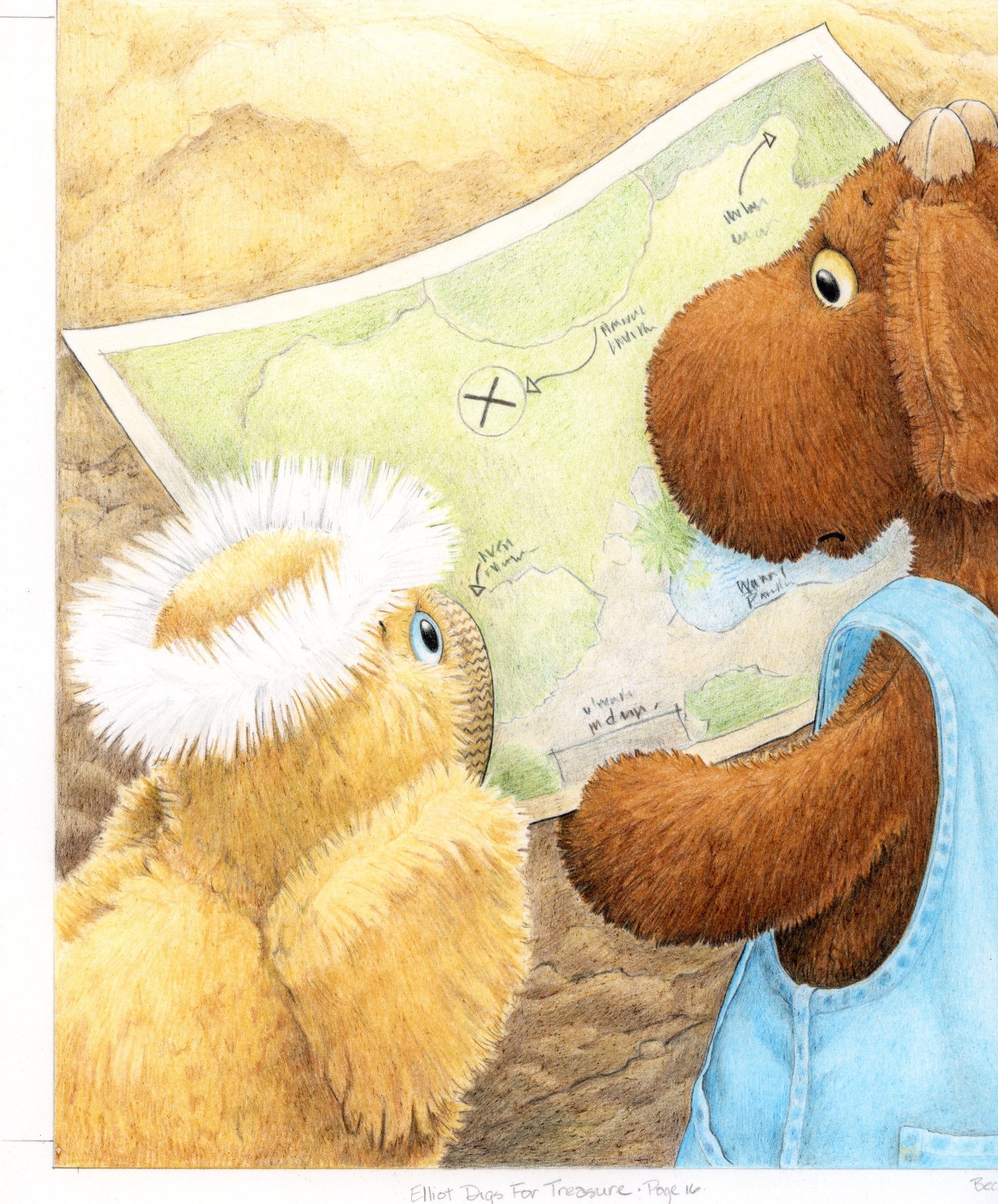 Original Art from Elliot Digs for Treasure. Elliot shows Angel a map and realizes his mistake. by Andrea Beck