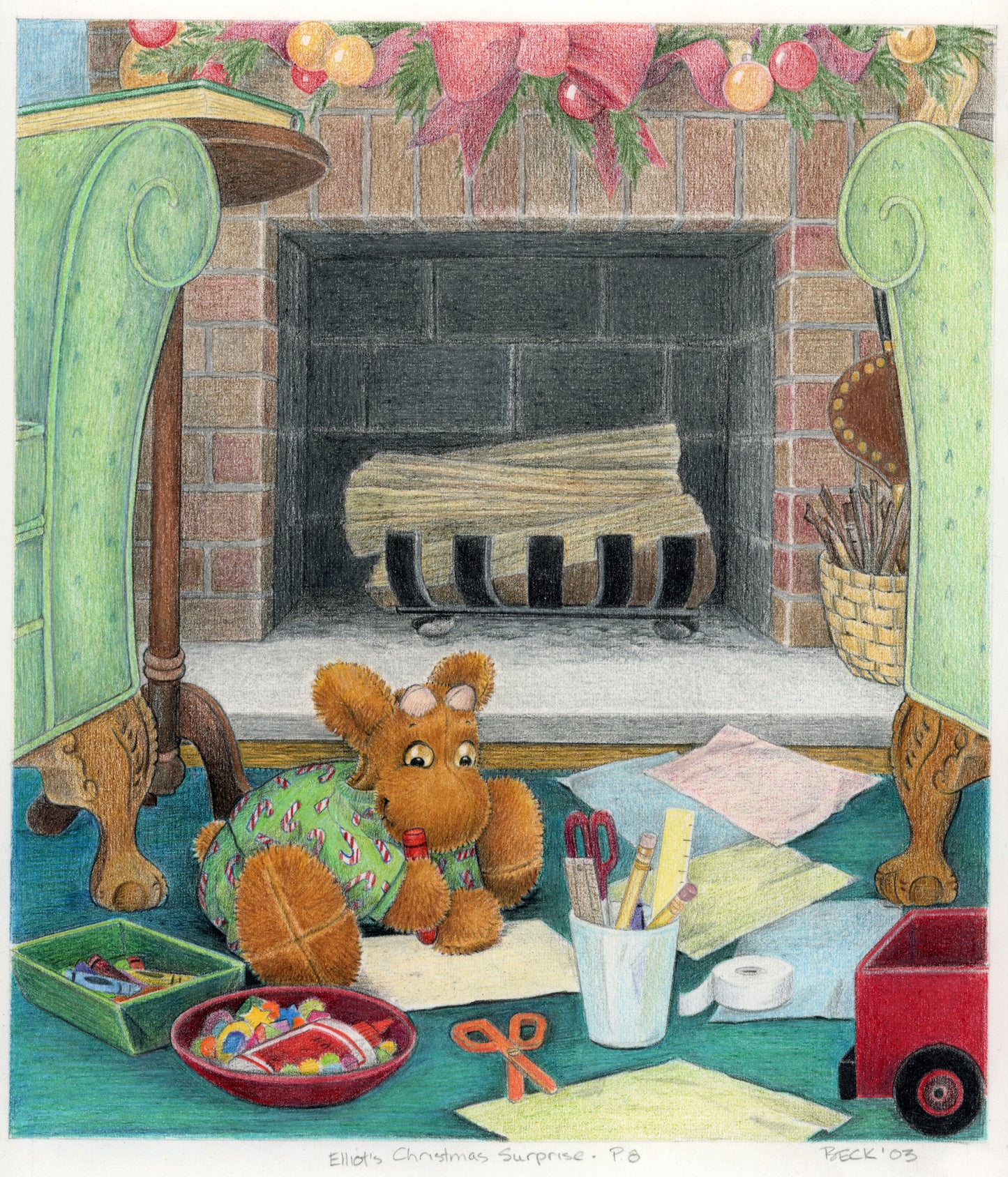 Original art from Elliot's Christmas Surprise children's book by Andrea Beck. Shows sweet stuffed toy Moose making presents for his friends at Christmas