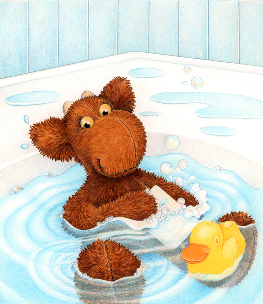 Original art of adorable stuffed toy moose taking a bath with his rubber ducky