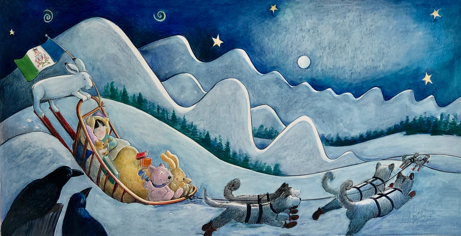 Dream image of a child in a sled being pulled by Husky dogs across the frozen north at night.  Goodnight Yukon page of Goodnight, Canada. by Andrea Beck