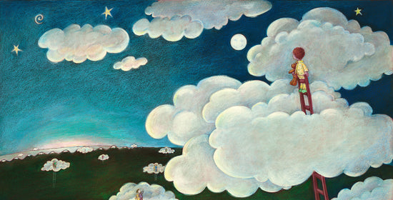 Dreamy picture book art print of a boy who has climbed up to the clouds. Community of children. Andrea Lynn Beck