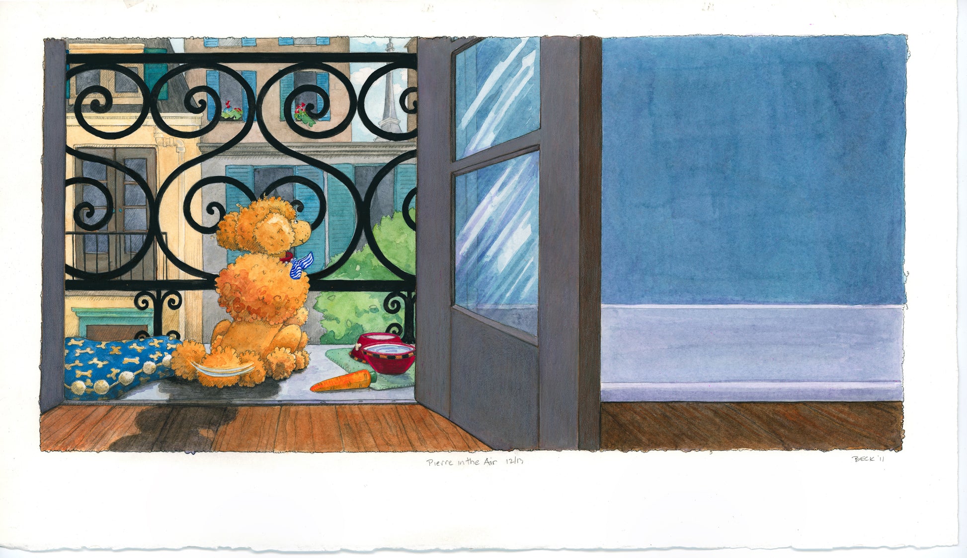 Original art poodle dog, stares out through a balcony's curvy wrought iron , wagging his tail and looking dreamy. From Pierre in the Air by Andrea Beck