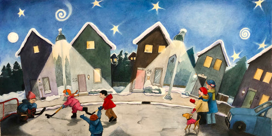 A picture book illustration of children playing street hockey on a snowy starry night, parent watching. From Goodnight, Canada, by Andrea Lynn Beck.