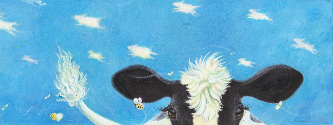 Cow Art. Picture Book Art. Cover from Buttercup's Lovely Day. Image of a cow dreaming, by Andrea Beck