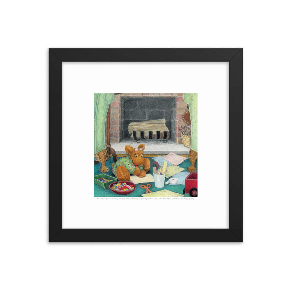 Delightful literary Christmas art for a child's room. Picture book character Elliot Moose, a sweet stuffed toy, is making a present for his friend in front of a fireplace. Based on the book Elliot's Christmas Surprise, by Andrea Beck