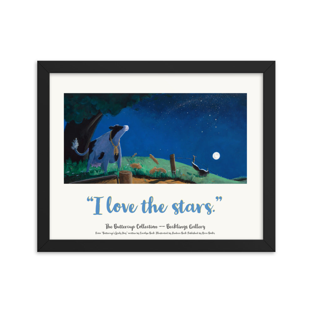 Dreamy art of Buttercup the cow gazing at the stars. Mindfulness poster. Children's room poster.