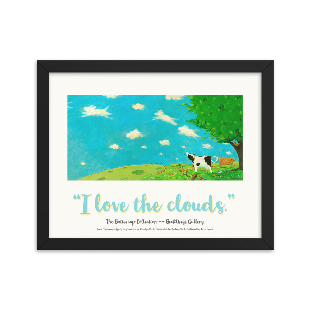 Cow with heart shaped patch stares dreamily at animal shaped clouds