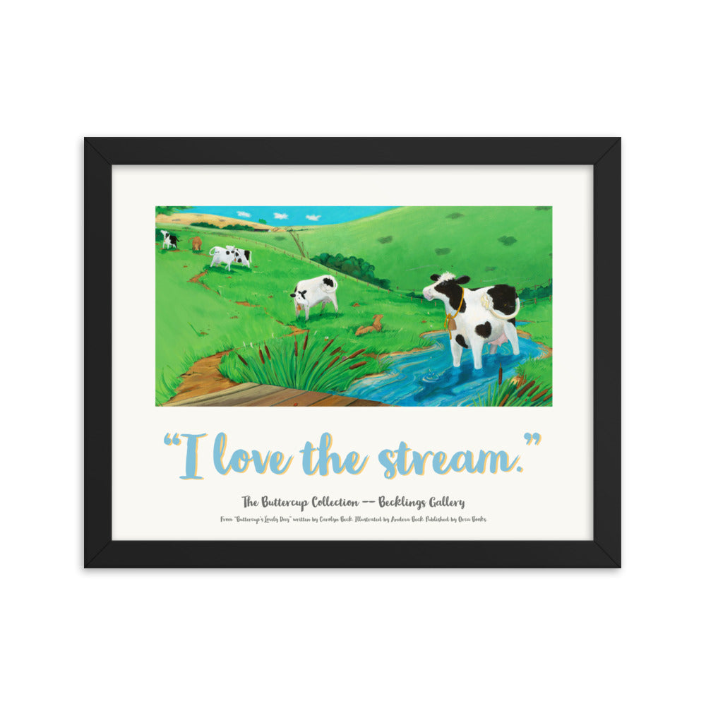 Kids or Adults mindfulness poster of a cow soaking her feet in a stream. Art by Andrea Beck. from the Buttercup Collection