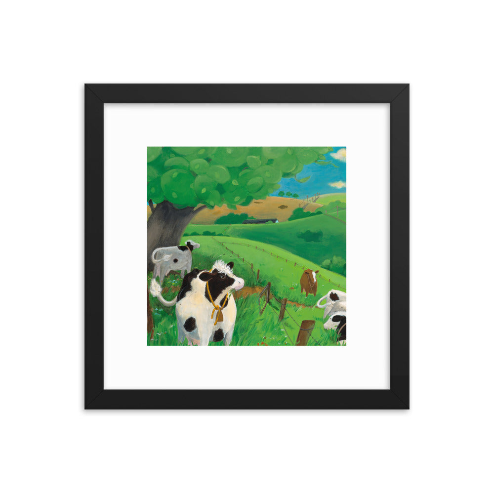 Framed Cow Art. Children's book illustration of cow in field. Buttercup's Lovely Day.