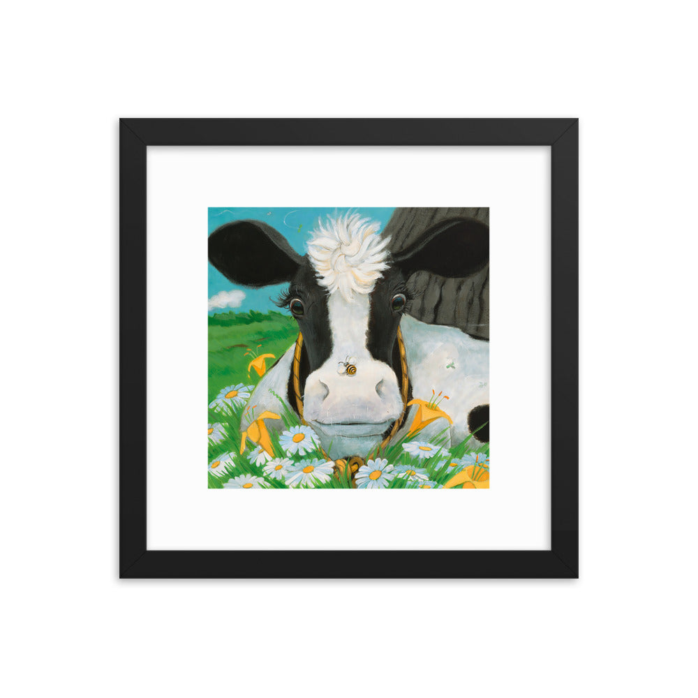 Framed print of a cow surprised and delighted that a bumble bee has landed on her nose. From the book Buttercup's Lovely Day, by Carolyn Beck. Art by Andrea Beck.