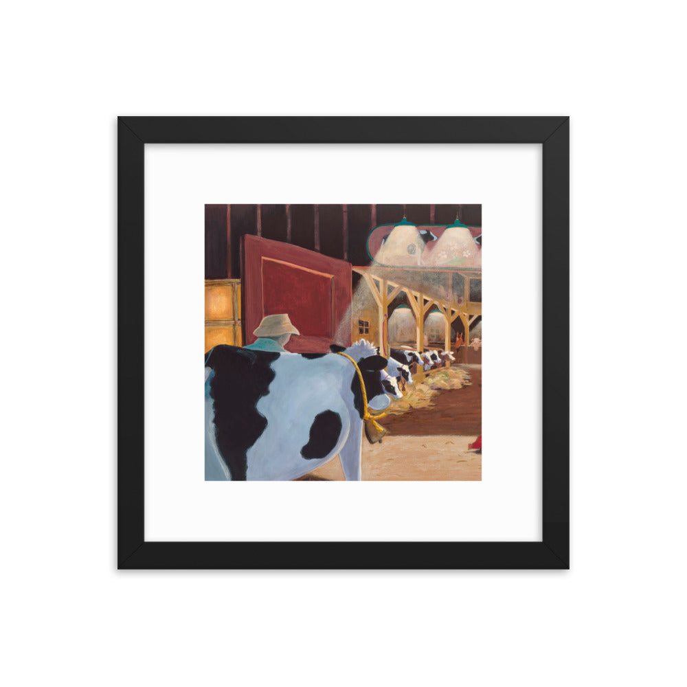 Framed art print of Buttercup the cow, heading home to her glowing barn and her waitng friends.