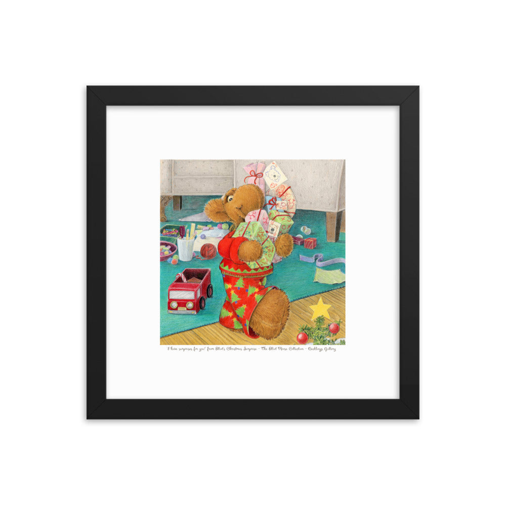 Framed art print of children's book character Elliot Moose carrying an armful of Christmas gifts, excited for Christmas. From the book Elliot's Christmas Surprise by Andrea Beck