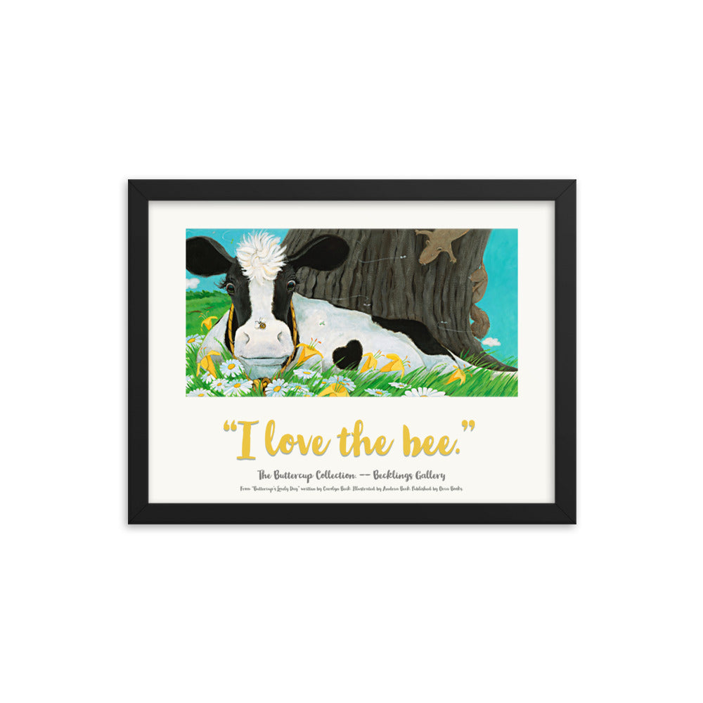 Poster of Buttercup the cow under a tree, surprised at the bee on her nose. Andrea Beck