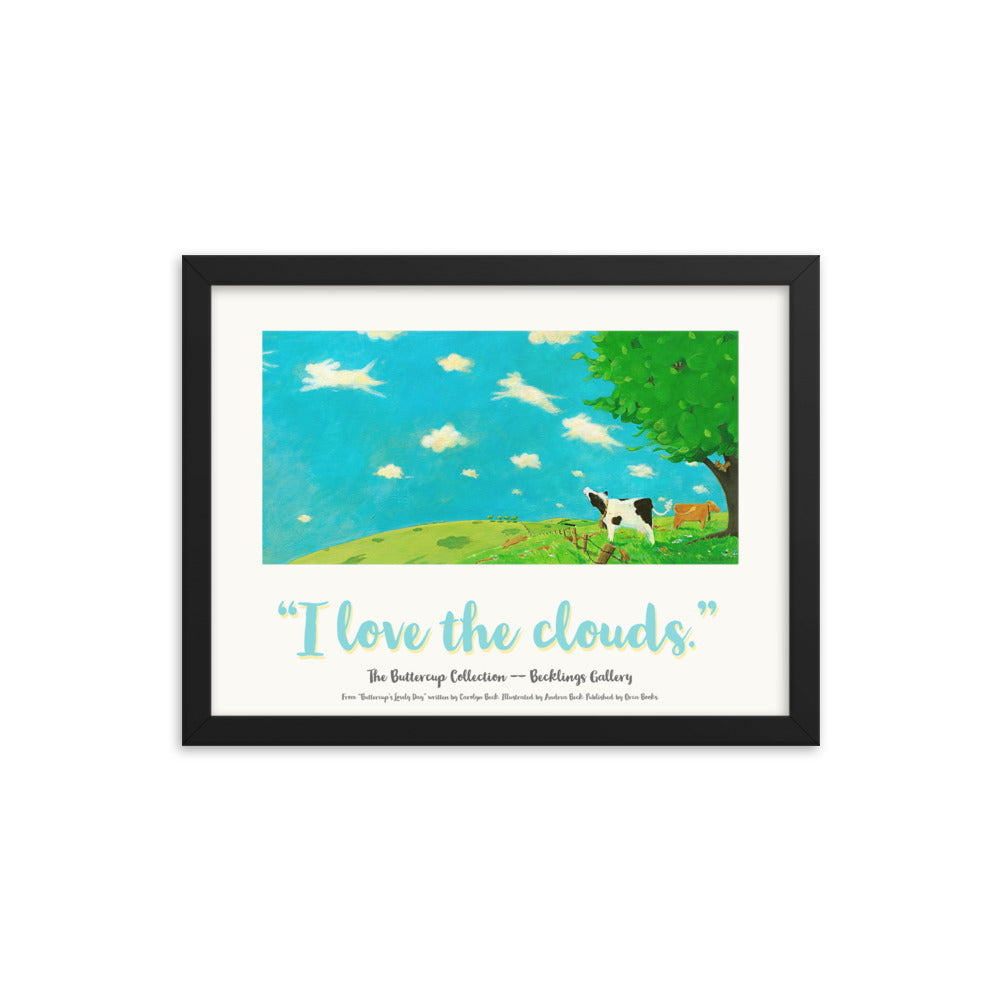 Cow with heart shaped patch stares dreamily at animal shaped clouds