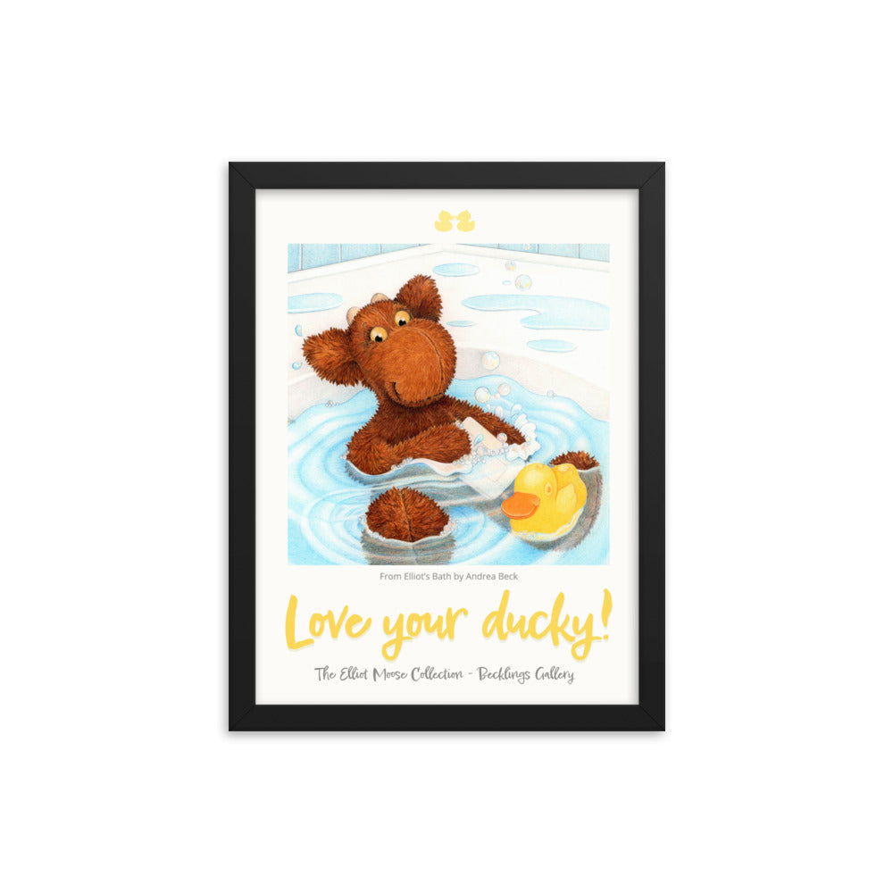 Children's bathroom poster, Elliot Moose bath time poster., Andrea Beck, Elliot Moose with rubber ducky