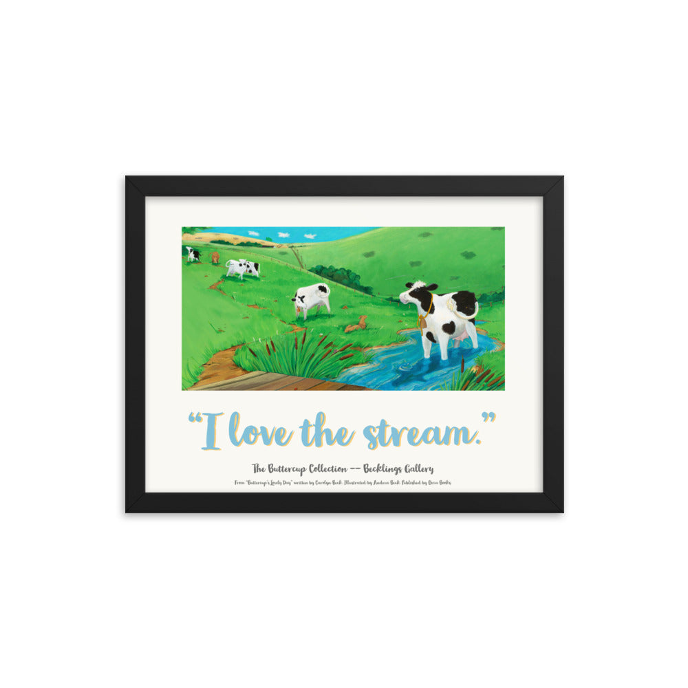 Kids or Adults mindfulness poster of a cow soaking her feet in a stream. Art by Andrea Beck. from the Buttercup Collection