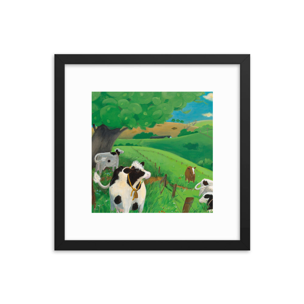 Framed Cow Art. Children's book illustration of cow in field. Buttercup's Lovely Day.