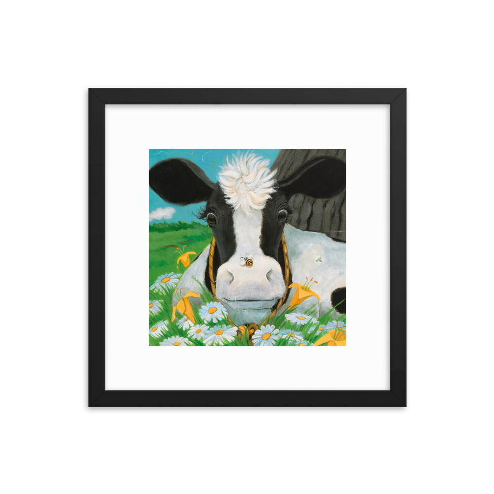 Framed print of a cow surprised and delighted that a bumble bee has landed on her nose. From the book Buttercup's Lovely Day, by Carolyn Beck. Art by Andrea Beck.