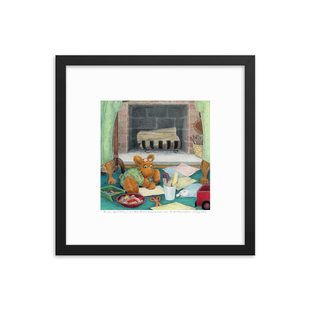 Delightful literary Christmas art for a child's room. Picture book character Elliot Moose, a sweet stuffed toy, is making a present for his friend in front of a fireplace. Based on the book Elliot's Christmas Surprise, by Andrea Beck