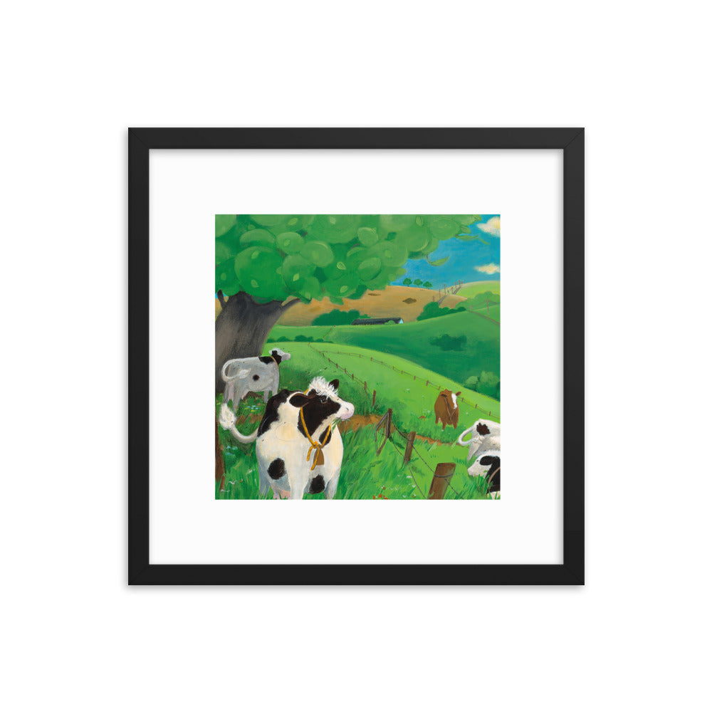 Framed Cow Art. Children's book illustration of cow in field. Buttercup's Lovely Day.