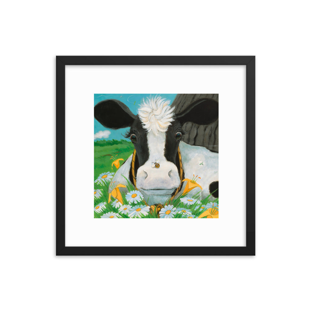 Framed print of a cow surprised and delighted that a bumble bee has landed on her nose. From the book Buttercup's Lovely Day, by Carolyn Beck. Art by Andrea Beck.