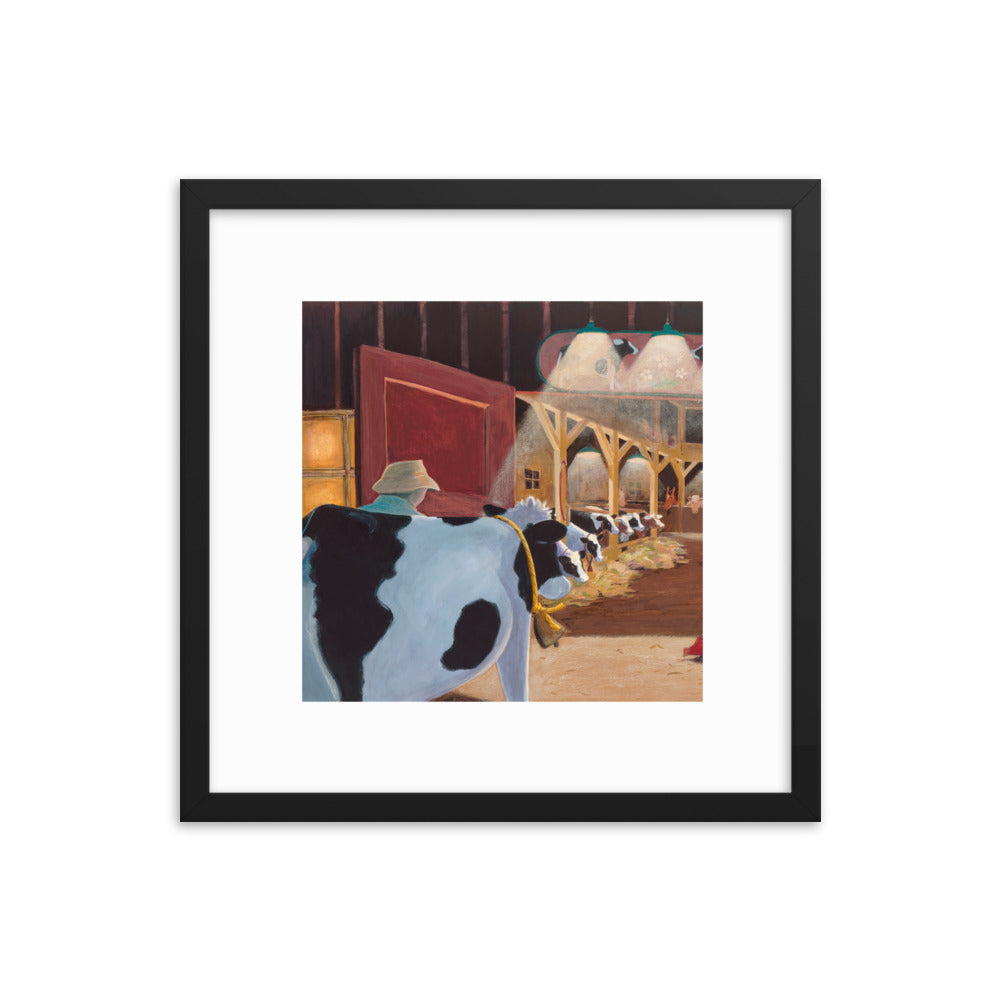 Framed art print of Buttercup the cow, heading home to her glowing barn and her waiting friends.