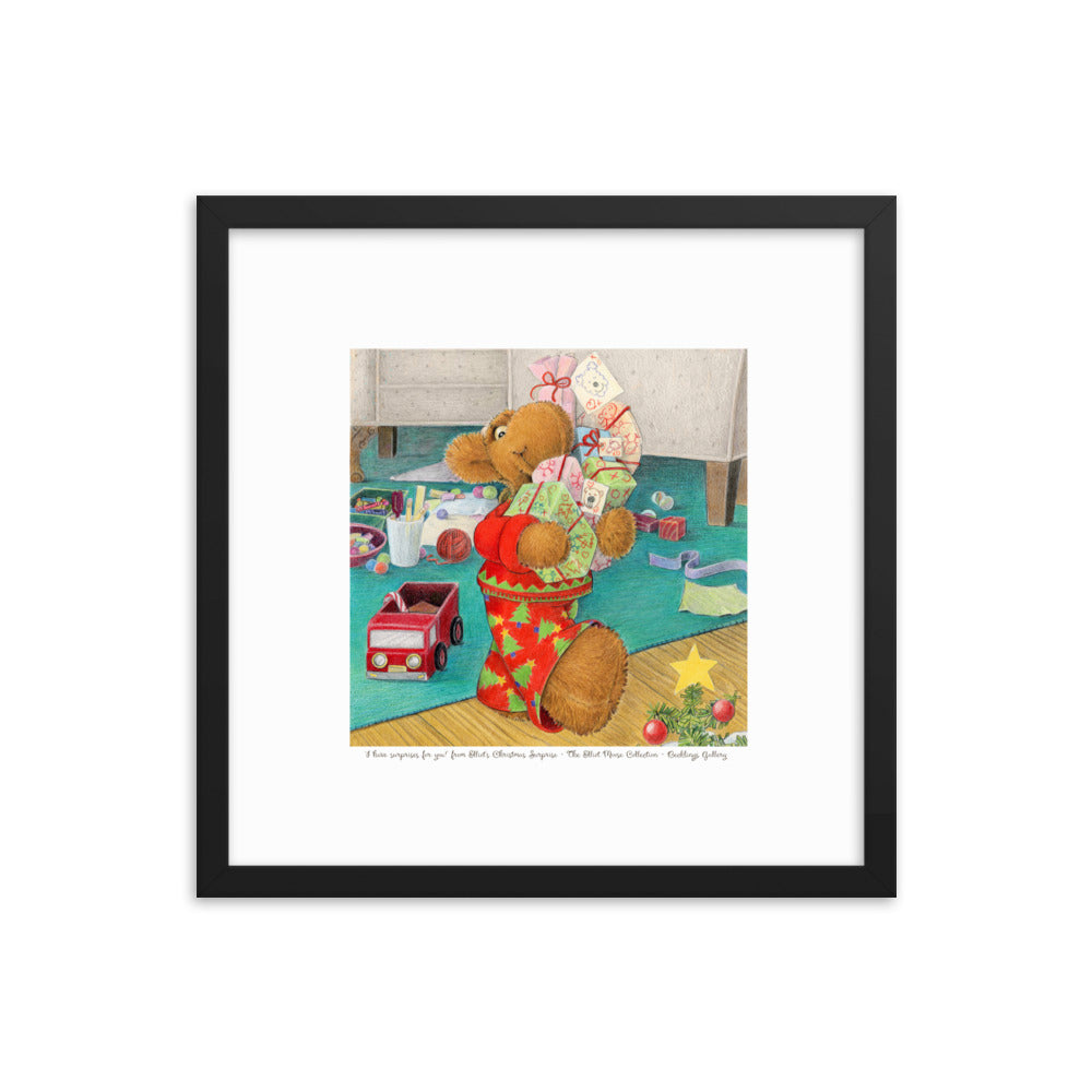 Framed art print of children's book character Elliot Moose carrying an armful of Christmas gifts, excited for Christmas. From the book Elliot's Christmas Surprise by Andrea Beck