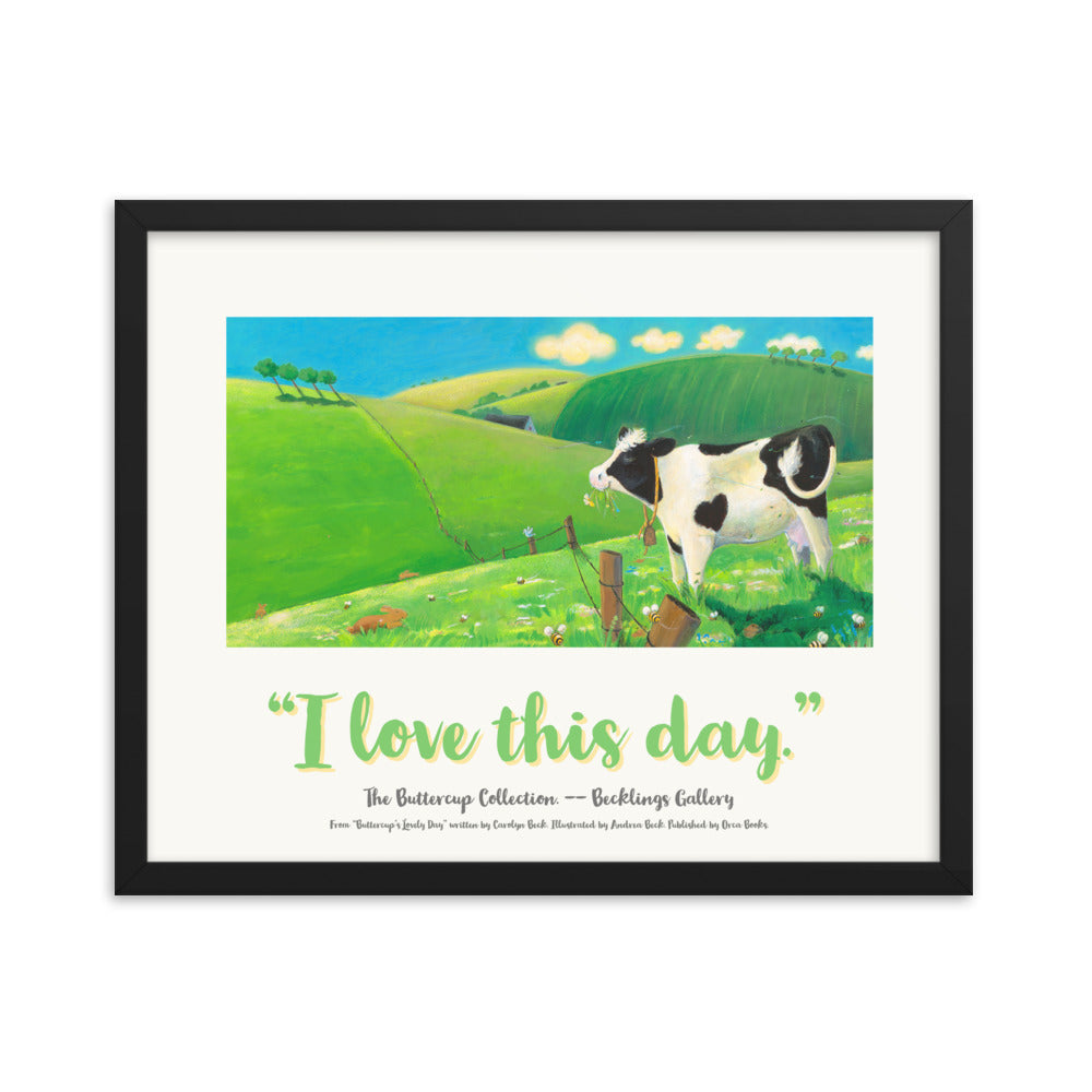 Poster of Cow munching in field, from Buttercup "I love" mindfulness series. Inspired by the book Buttercup's Lovely Day