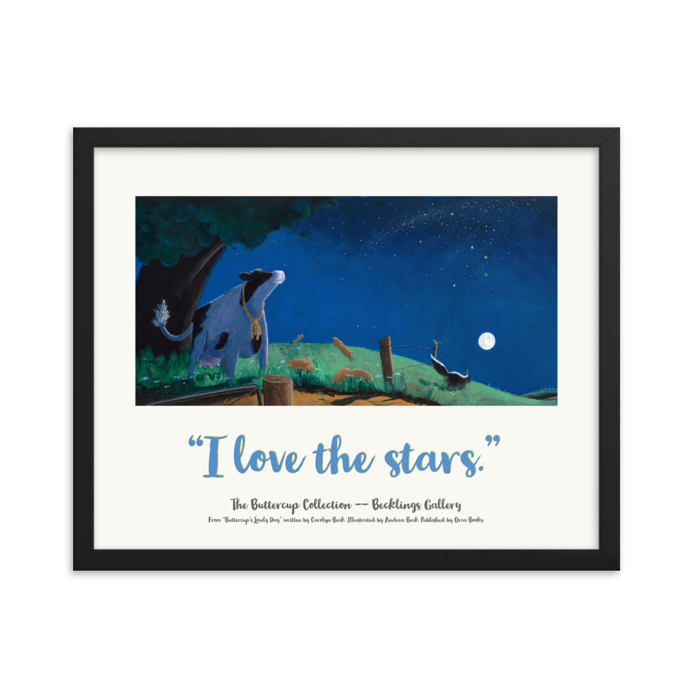 Dreamy cow art of Buttercup the cow gazing at the stars. Mindfulness poster. Children's room poster.