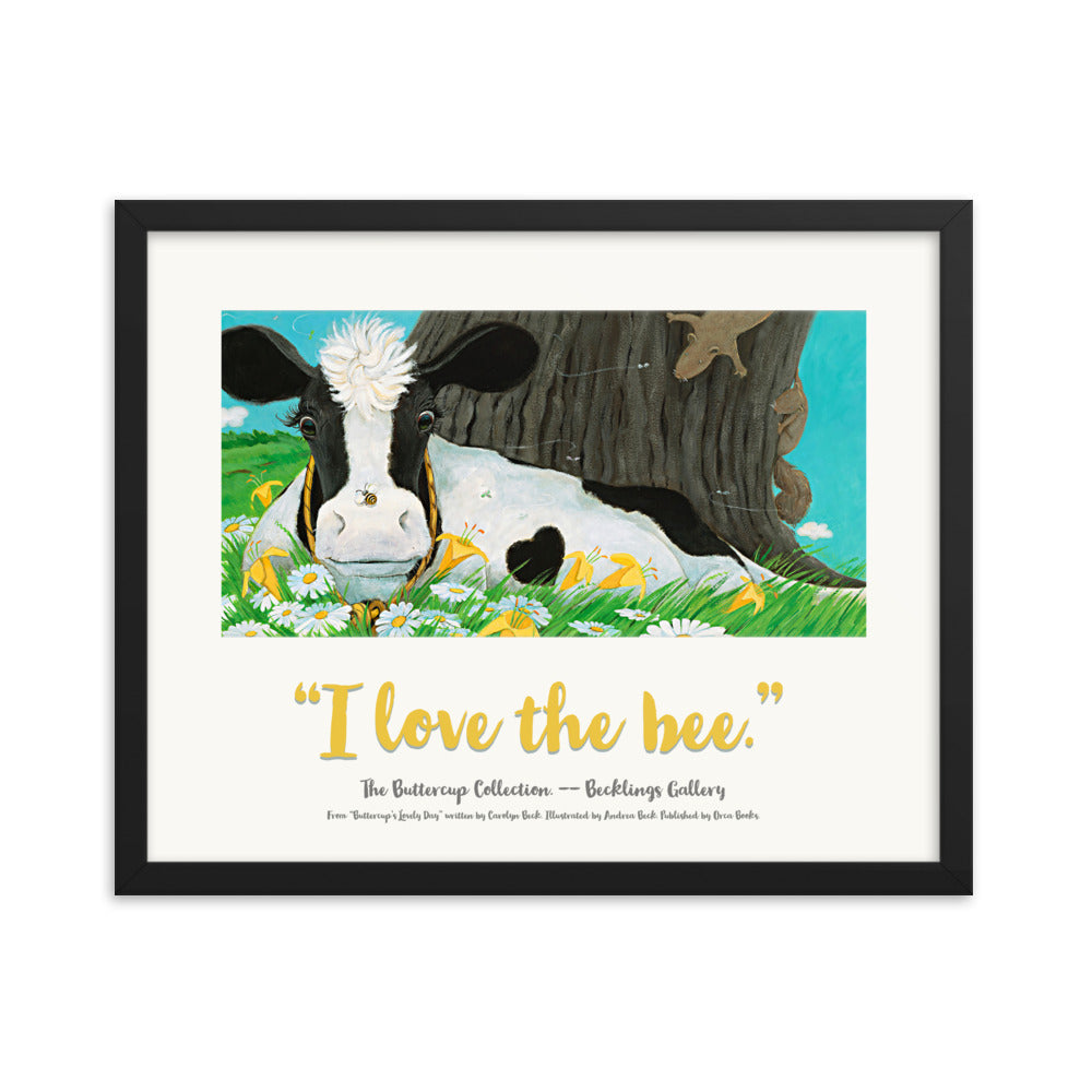 Framed poster of Buttercup the cow looking at a bee on her nose.