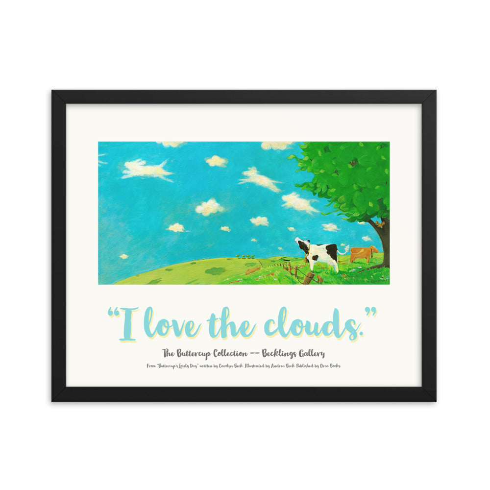 Cow with heart shaped patch stares dreamily at animal shaped clouds. "I Love Series" inspired by Buttercup's Lovely Day by Carolyn Beck.