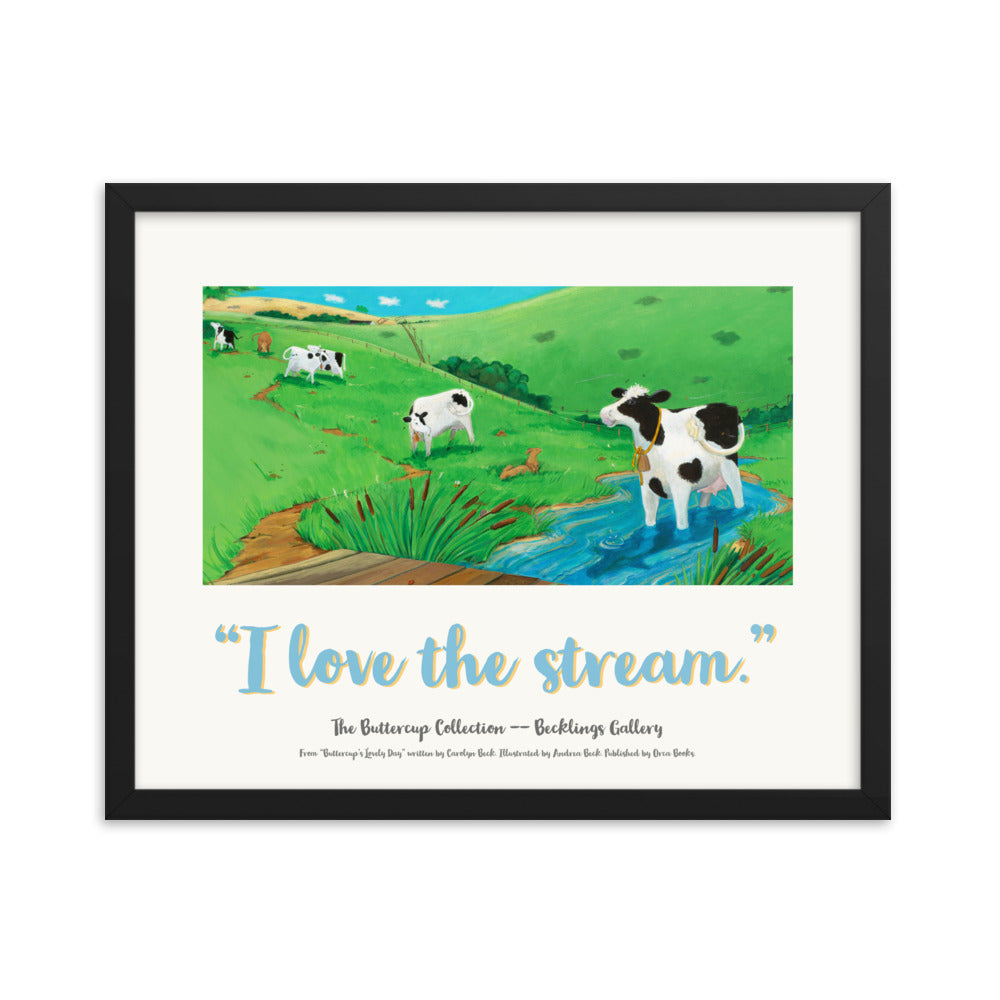 Kids or Adults mindfulness poster of a cow soaking her feet in a stream. Art by Andrea Beck. from the Buttercup Collection