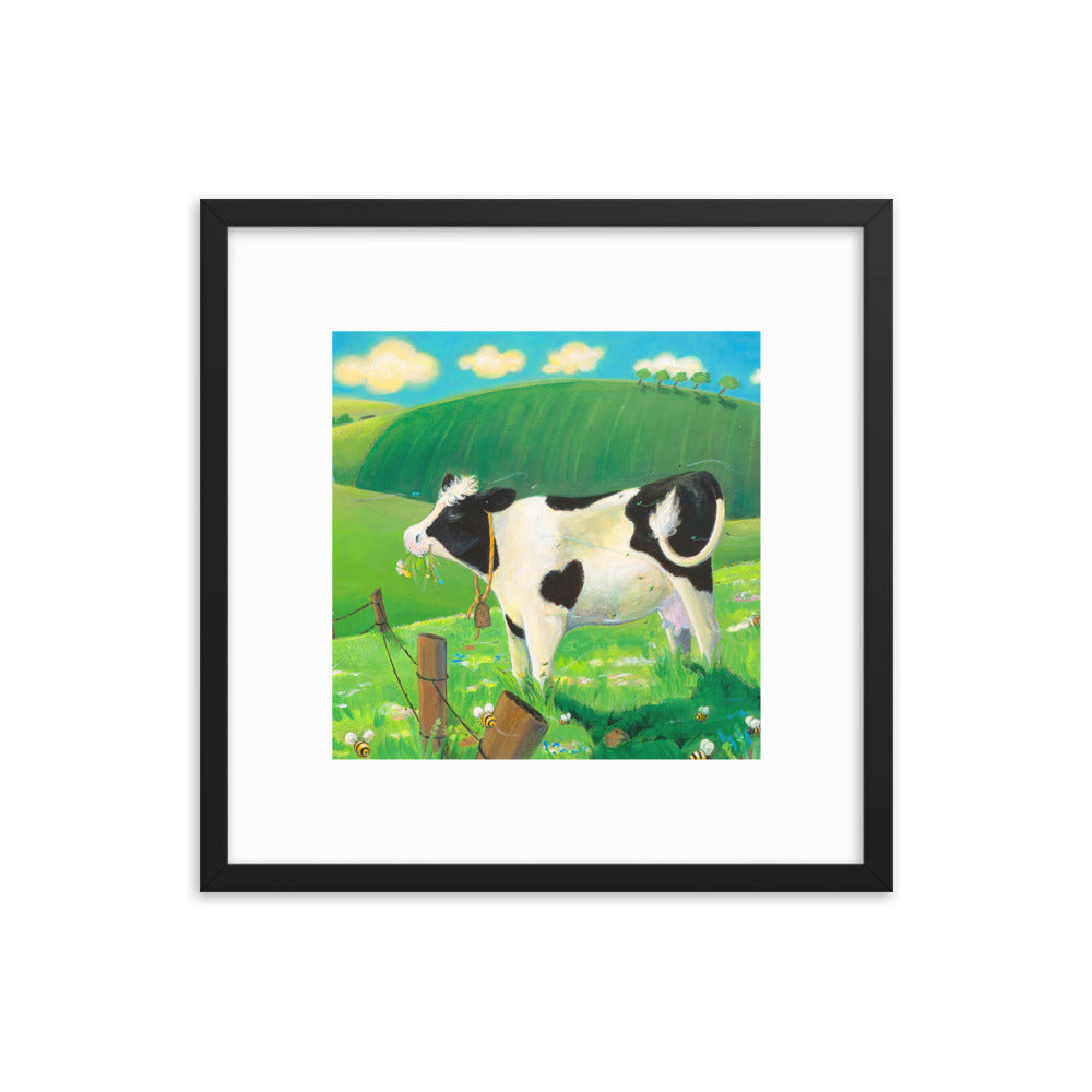 Buttercup the Cow, munches on grass, mindfully enjoying her day. Children's book art.