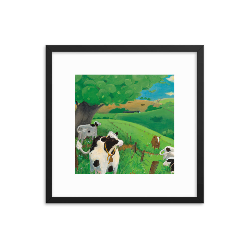 Cow Art. Children's book illustration of cow in field. Buttercup's Lovely Day.